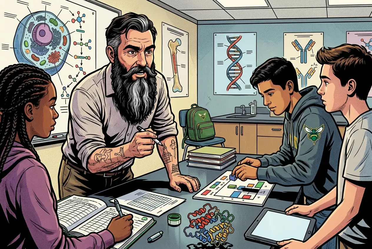 Comic panel 74: Targeted therapy. Drugs aimed at something specific to the tumour rather than at division in general. Fewer side effects, but only if the tumour actually has the target, which is why you test first.