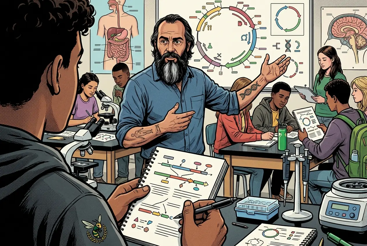 Comic panel 82: Plasmids and enzymes. Plasmids as the vehicle, restriction enzymes as the scissors, ligase as the glue. Each enzyme cuts one specific sequence, which is what makes the cut predictable.