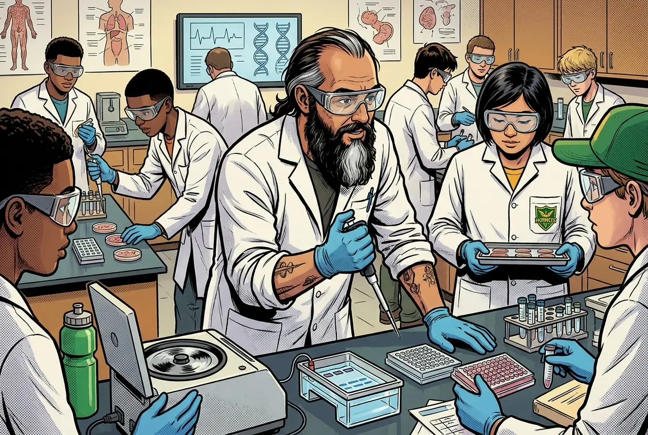 Comic panel 83: Cloning and purification workflow. The whole workflow end to end: cut, insert, transform, select, express, purify. Every step has a way to fail and a way to check.