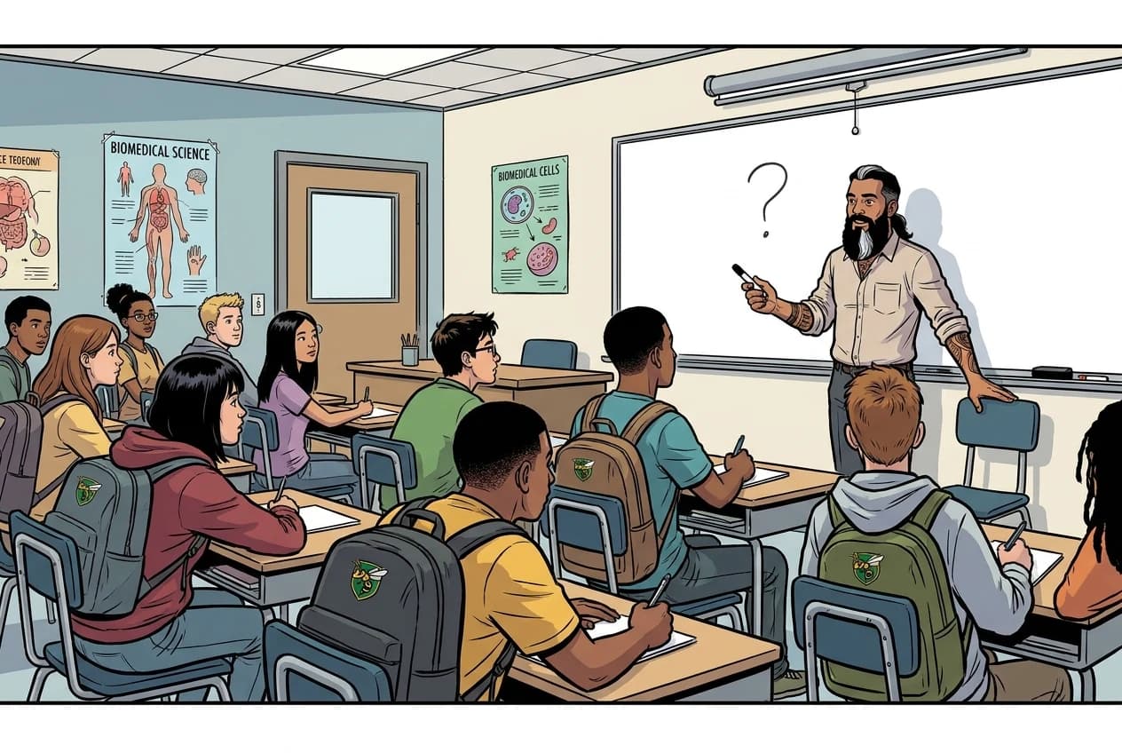 Comic panel 1: Welcome and expectations. First day. No syllabus read out loud. He put a question on the board, let us list what we would need to know to answer it, then told us the list was the course. Eighteen weeks of the human body, and he started with who owns one.