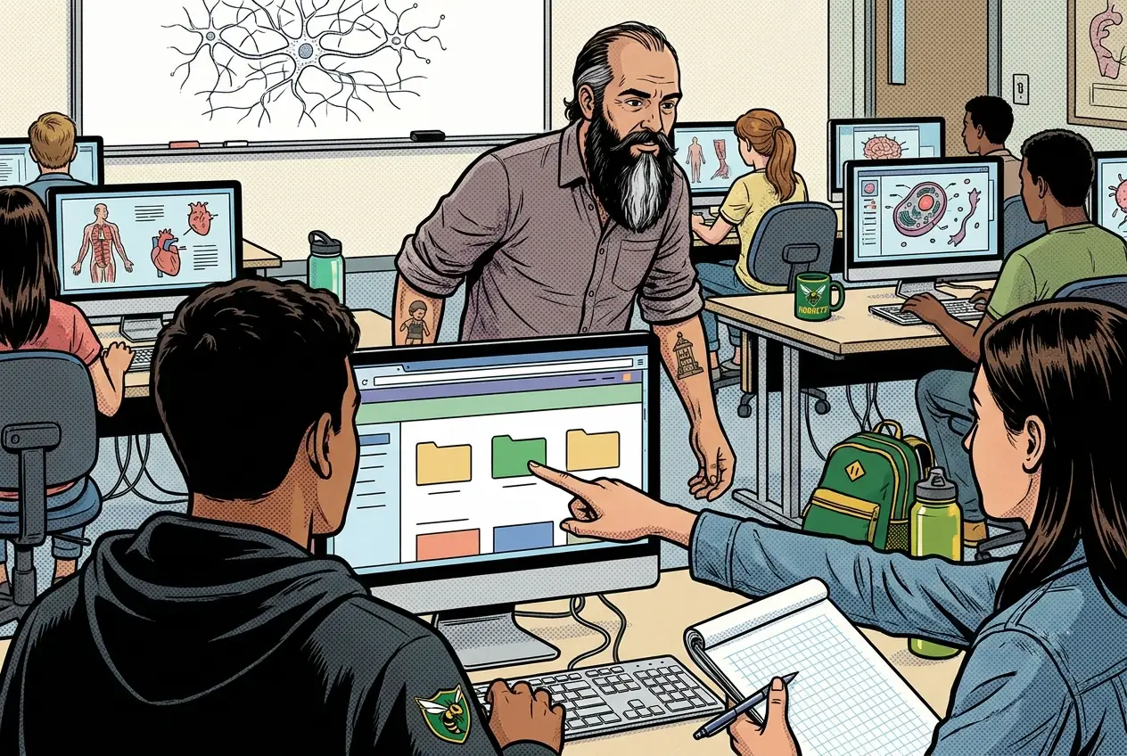 Comic panel 2: How to use the class website. Website day. Where the lesson lives, where the glossary is, and which folder every kind of work goes to. The practice section is open from day two, which I did not expect.
