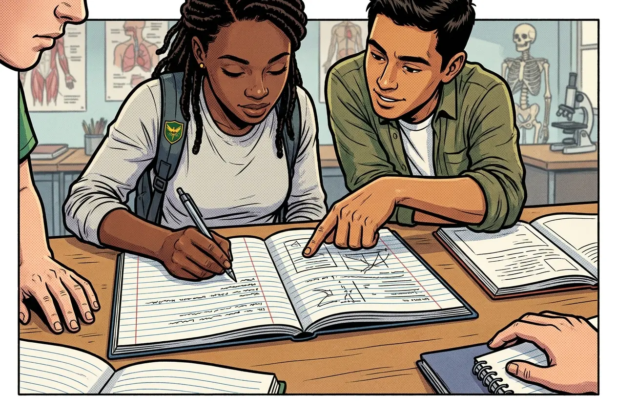 Comic panel 3: Cornell notes and the 6 Rs. Record, Reduce, Review, Reflect, Recite, Revise. He made us Reduce notes we had just taken, and it showed how much I had written down and could not say back.