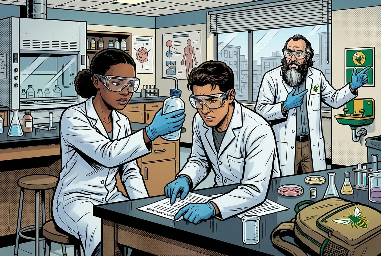 Comic panel 4: Lab safety and how to submit. Safety, and not as a formality. Protective equipment, then finding the hazard and first aid sections on a real chemical before anyone touched anything.