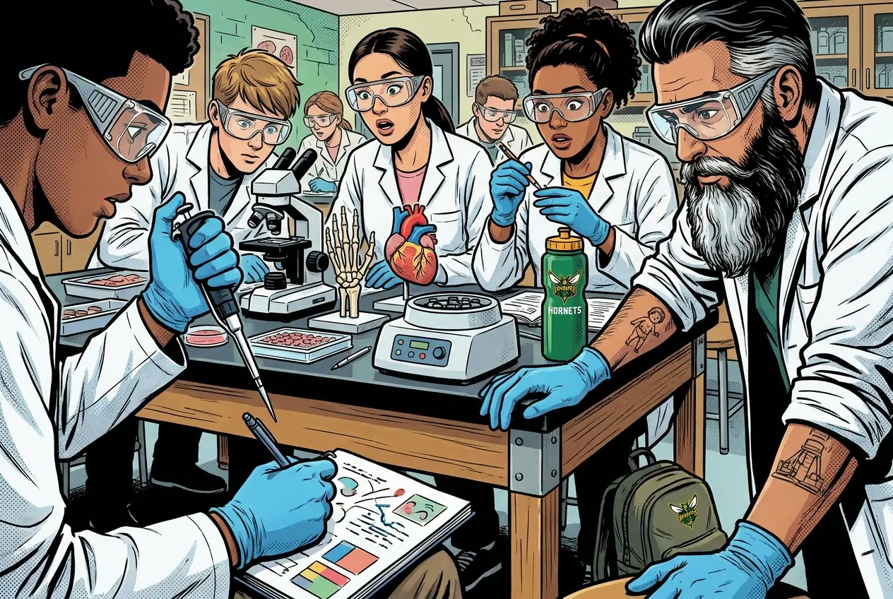 Drawing, panel 8: Lab notebook and safety practical.