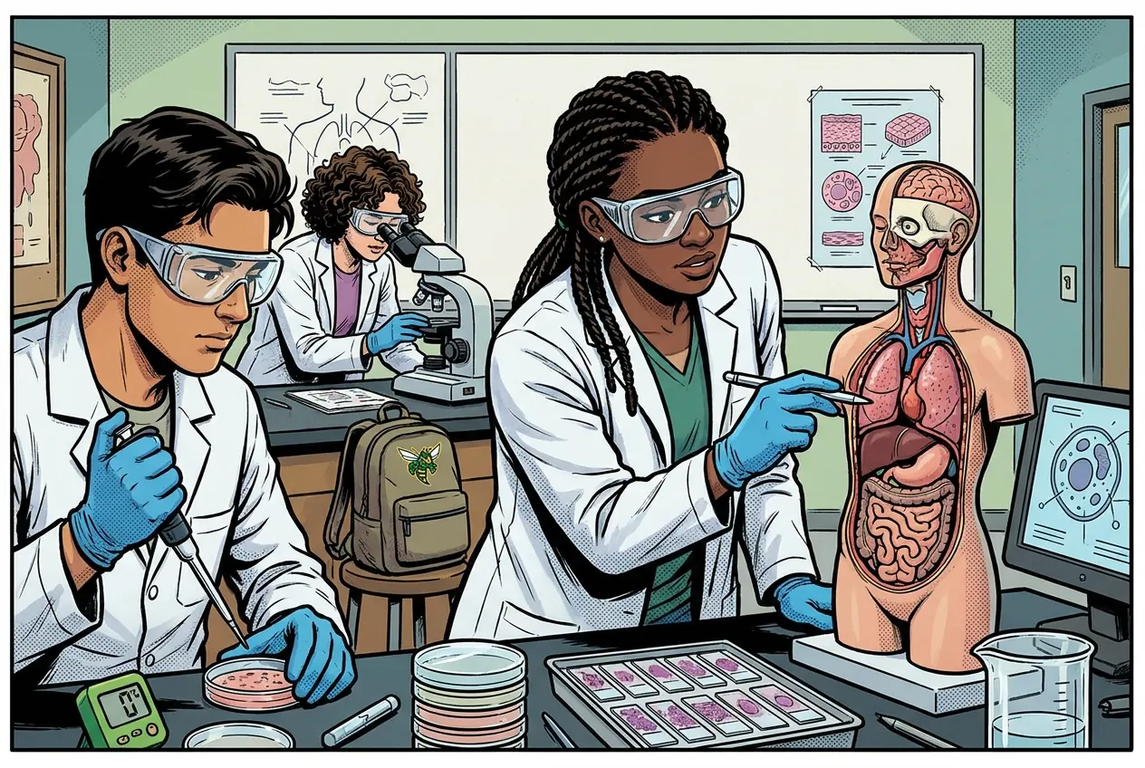 Comic panel 14: Tissue types and body-organization model. Four tissue types, and every organ we will meet this semester is some arrangement of them. Build the model once and you stop memorizing lists.