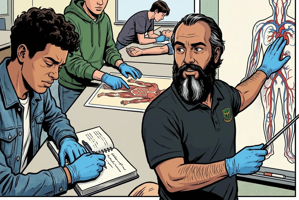 Comic panel 15: Patient anatomy map. First time we applied the vocabulary to a person. A patient scenario with an injury site, and we had to mark the body region, the cavity, and the plane that best describe where it is.