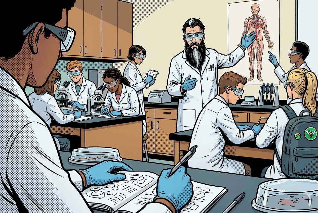 Comic panel 16: Submit organization evidence. Planes diagram, organization model, patient map. I was missing labels on the model photo and had to redo the picture, which is a two-minute problem that becomes a zero if you do not check.