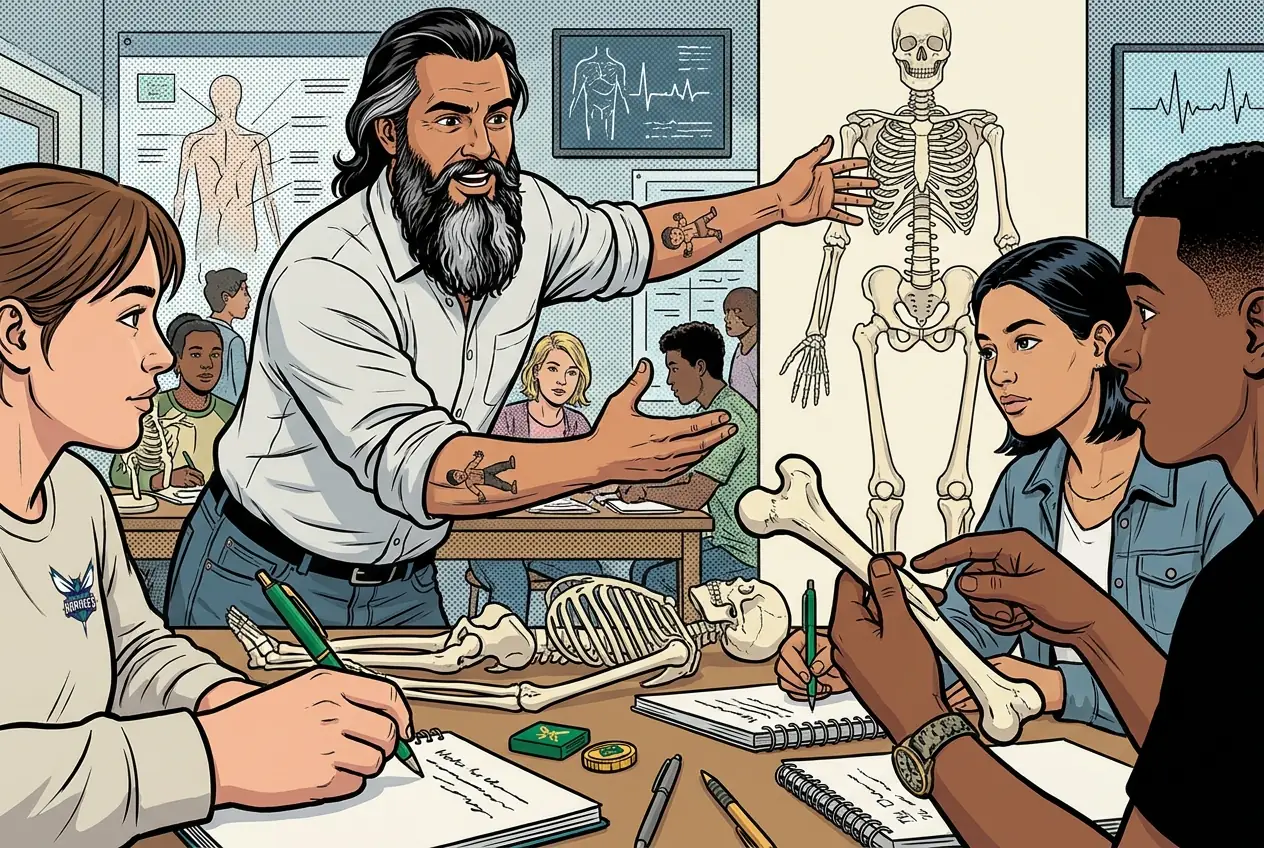 Comic panel 21: Submit skeletal evidence. Bone cell chart, fracture table, repair CER.