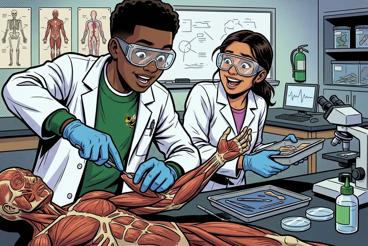 Comic panel 24: Maniken muscle build. This is the one people told me about. You roll actual clay muscles and place them on a skeleton model, in anatomical order, from origin to insertion. PARTNER says: That muscle is on backwards. The action you just described would be impossible.