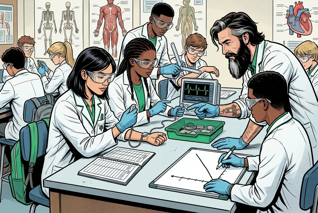 Comic panel 29: Sensor and range-of-motion lab. Real sensors, real numbers, units on everything. The EMG signal in millivolts, grip force in newtons, joint angle in degrees, multiple trials. ME says: We were measuring our own setup, not the muscle. Start over and seat it the same way each time.