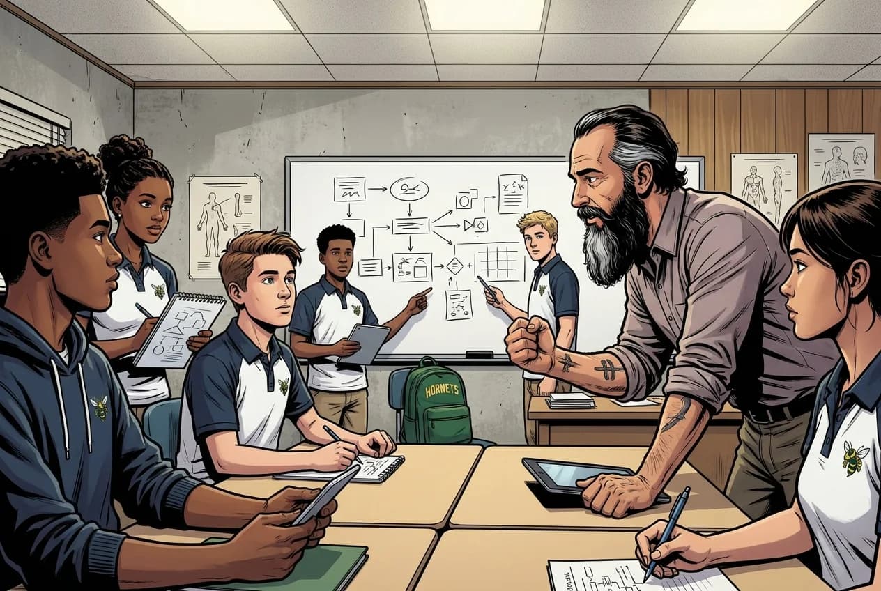Drawing, panel 32: HOSA meeting.