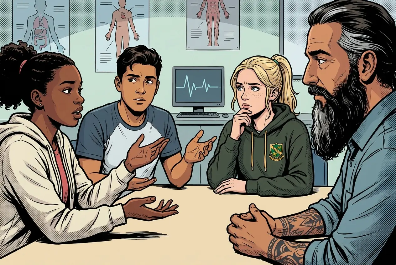 Comic panel 33: Bioethics: access to rehab. Should insurance be allowed to cap the number of rehabilitation sessions a patient gets? The cap is not a medical judgment, it is a budget, and it lands on the person who needs the most.