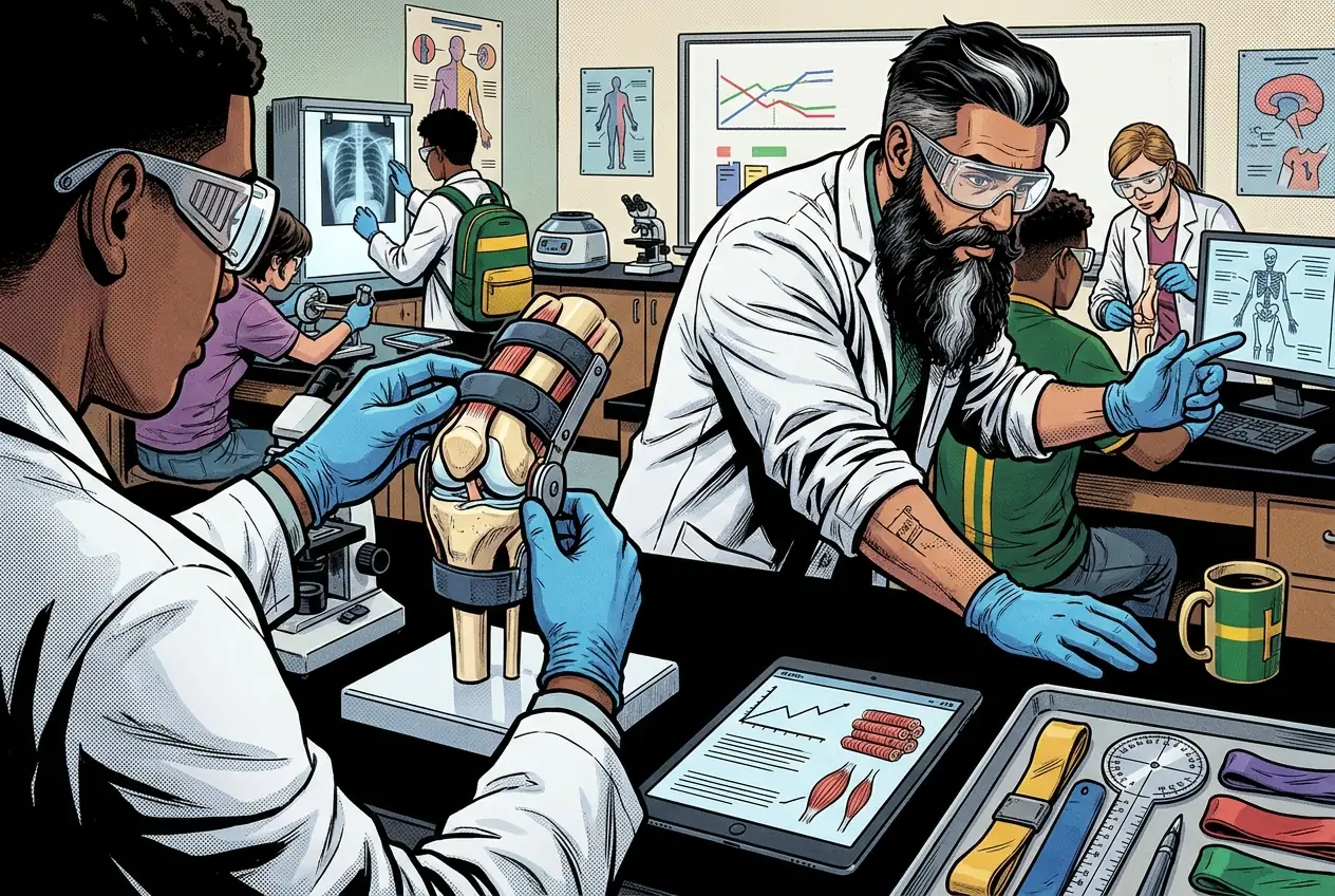 Comic panel 35: Rehabilitation plan project. Teams building an actual week-by-week rehabilitation plan: two exercises, one assistive device, and a timeline. TEAMMATE says: A plan the patient abandons in week two is worse than a slower plan they finish.