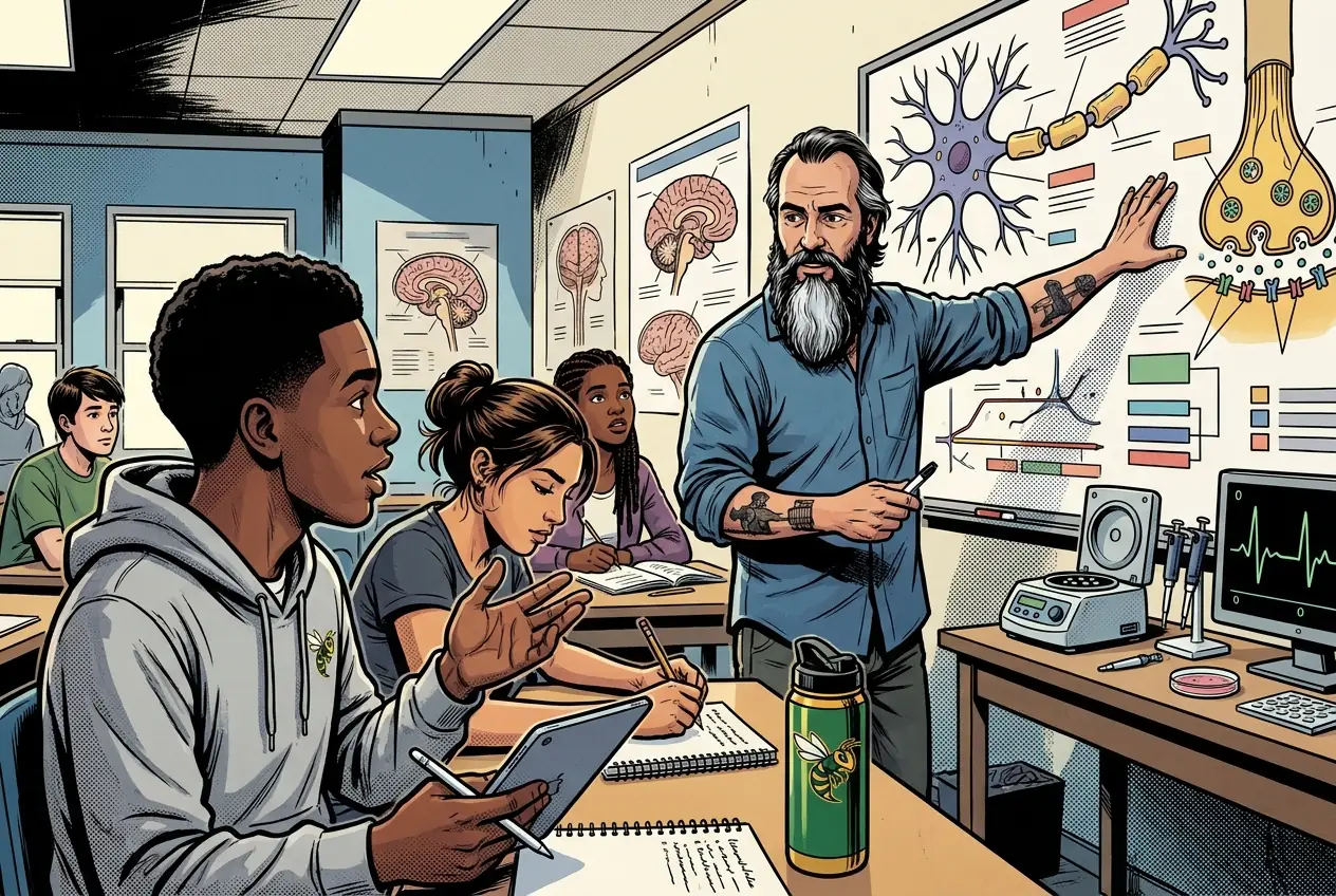 Comic panel 39: Neuron parts and the synapse. Dendrites, cell body, axon, myelin, terminals, with the signal direction marked. Then the synapse, where the signal stops being electrical and becomes chemical and then electrical again.