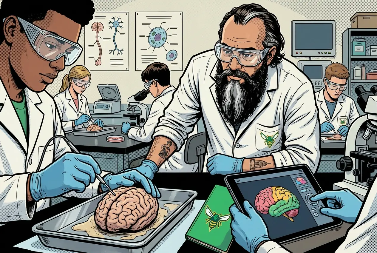 Comic panel 40: Brain dissection or virtual. Brain day. The virtual option is right there and nobody has to explain why they took it. I took the specimen and my hands were not steady. MR. MENDOZA says: Take the virtual version. Nobody has to explain themselves for that.