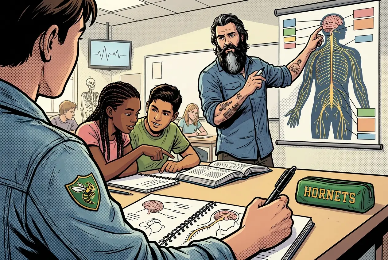 Comic panel 41: CNS, PNS, and brain regions. Sorting five body actions into central and peripheral with a justification for each. Sorting is easy, justifying is where you find out whether you understand it.