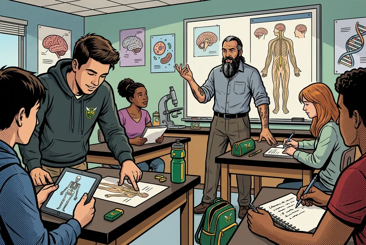 Comic panel 42: Submit nervous-system evidence. Neuron diagram, brain map, sorting table.