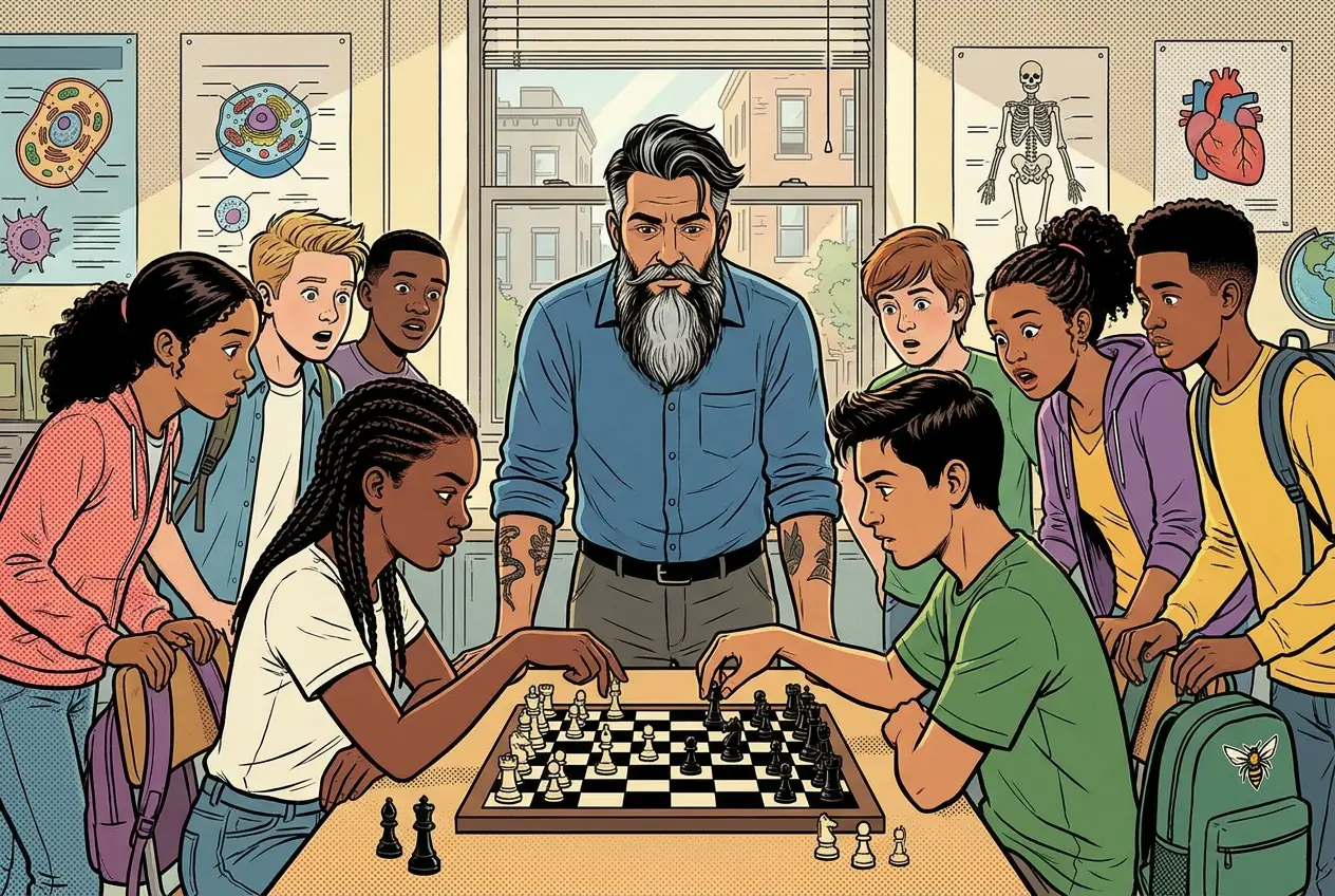 Drawing, panel 48: Chess club.