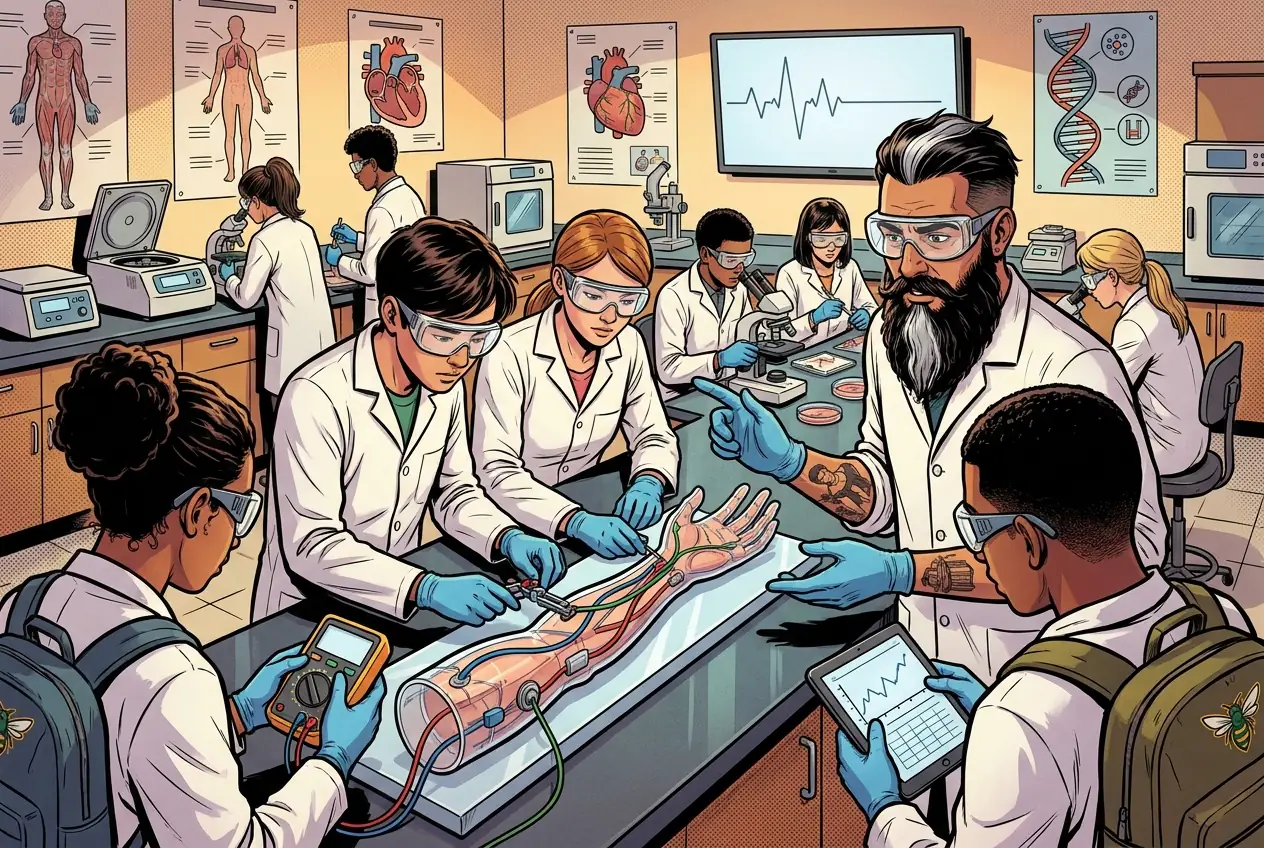 Comic panel 51: Negative feedback model build. Insulin and glucagon, both directions. Blood sugar too high, insulin brings it down. Too low, glucagon brings it up. Two opposing loops holding one number steady.