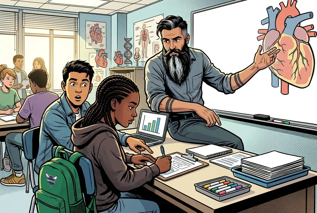 Comic panel 56: Research design and poster plan. Teams writing an actual research design: testable question, defined variables, target sample size. CLASSMATE says: Our sample size is optimistic. This paper used four times as many.