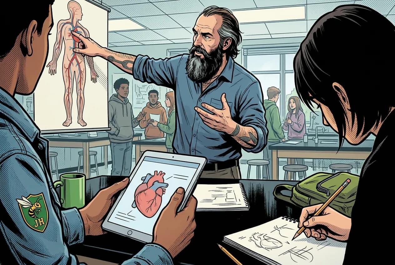 Comic panel 66: Heart structure and cycle. Tracing the blood path from the right atrium all the way through and back. Four chambers, two circuits, valves that only open one way.