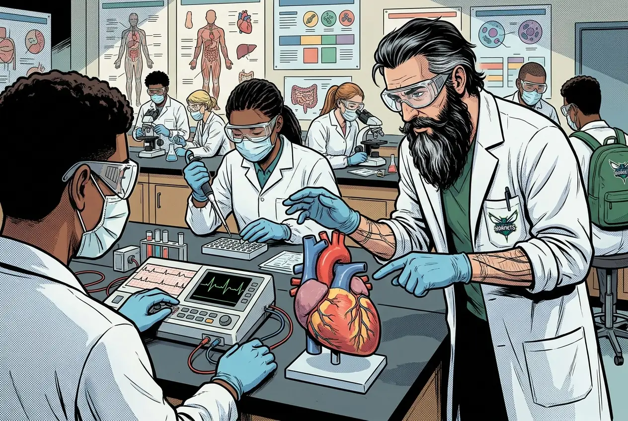 Comic panel 67: Heart model and EKG. Real EKG traces, labeling P, QRS and T, and linking each to what the heart is physically doing at that instant. ME says: The right side goes to the lungs. The left side has to reach your foot. That is why the wall is thicker.
