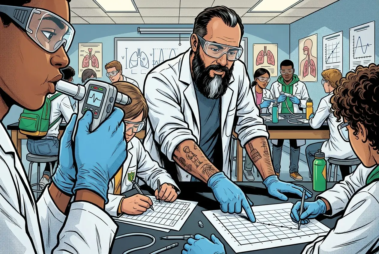 Comic panel 72: Spirometry lab. Measuring our own lung volumes. Tidal volume across three trials, then vital capacity. ME says: I did not fully exhale first. That is why trial one was low, not my lungs.