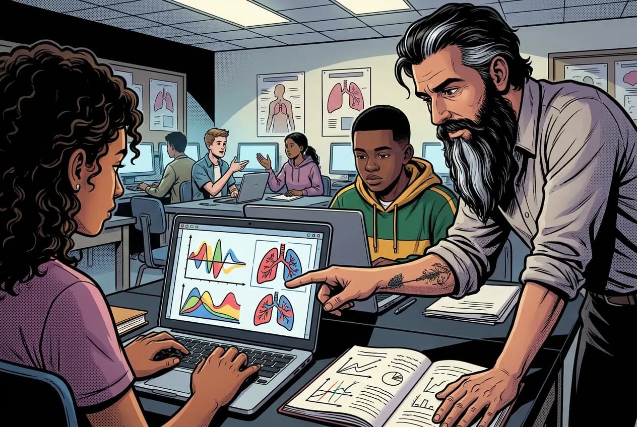 Comic panel 73: Spirometry data CER analysis. A claim about respiratory capacity using my own numbers, compared to predicted values for height and age.