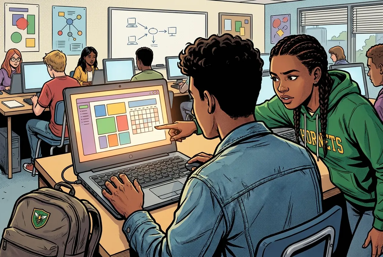 Drawing, panel 2: The class website.