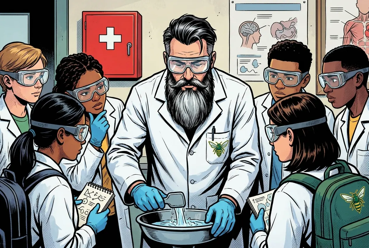 Drawing, panel 4: Lab safety.