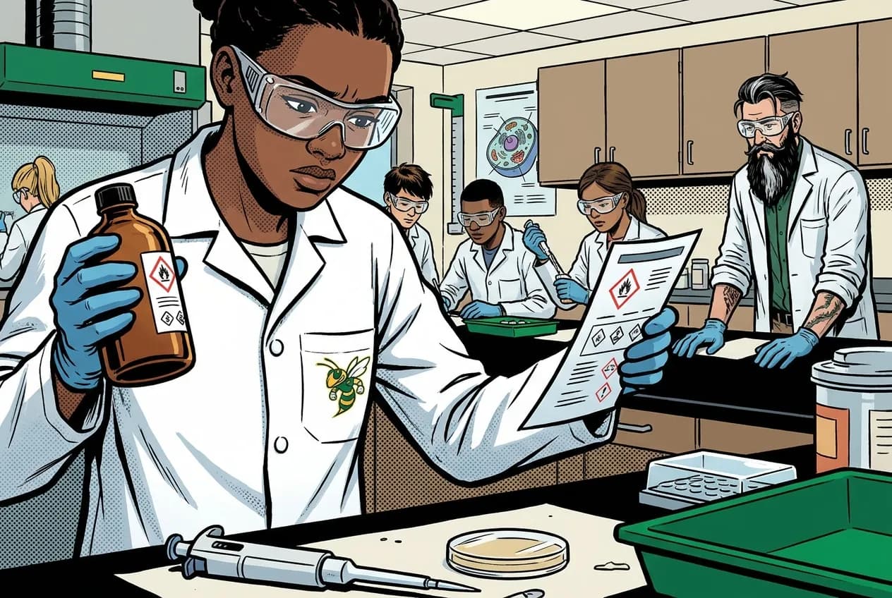 Drawing, panel 8: Lab safety and SDS.