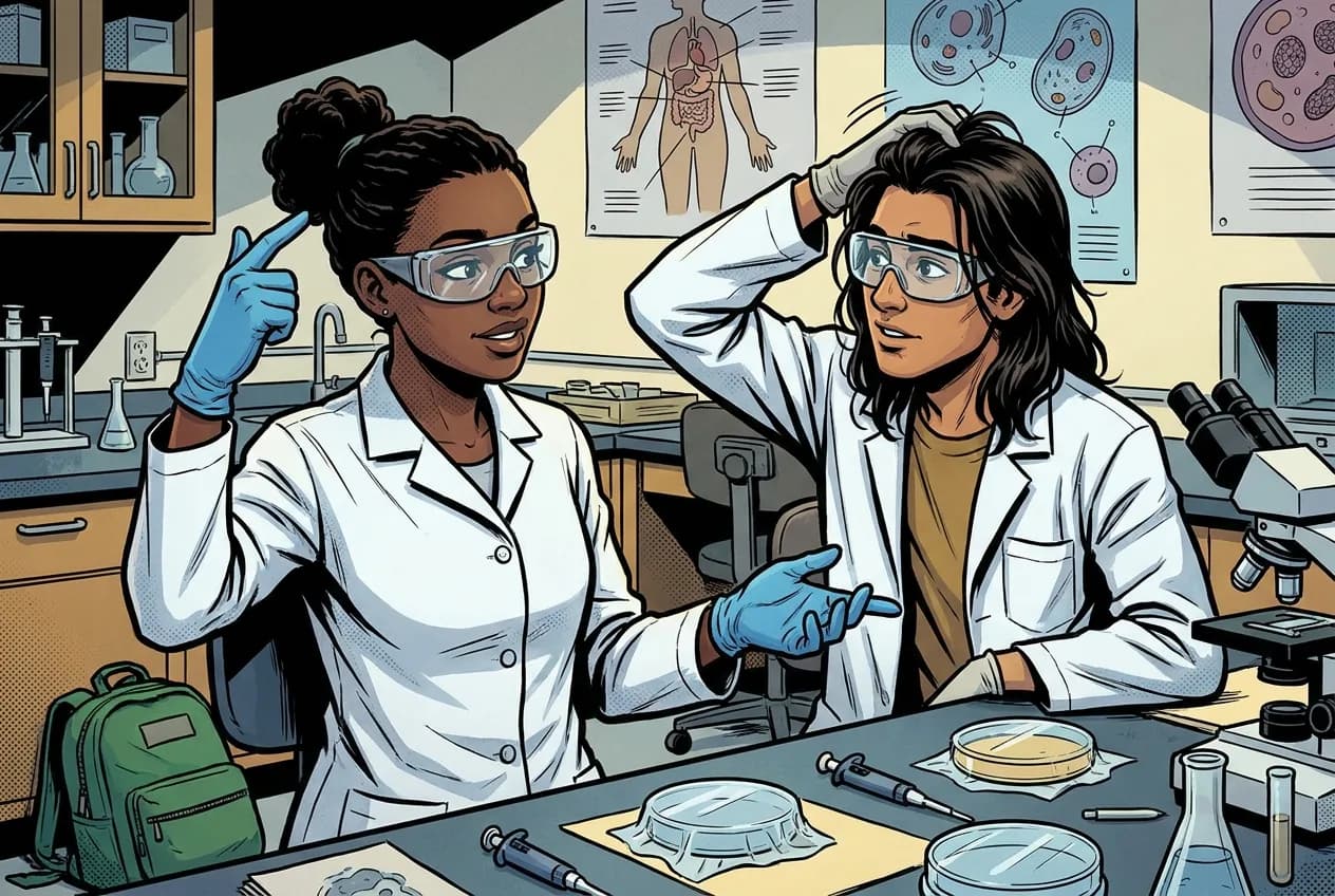 Comic panel 9: PPE and notebook practical. First lab. My partner caught that my hair was not tied back before I reached the open flame station. PARTNER says: Nobody can see their own blind spot. That is why there are two of us.