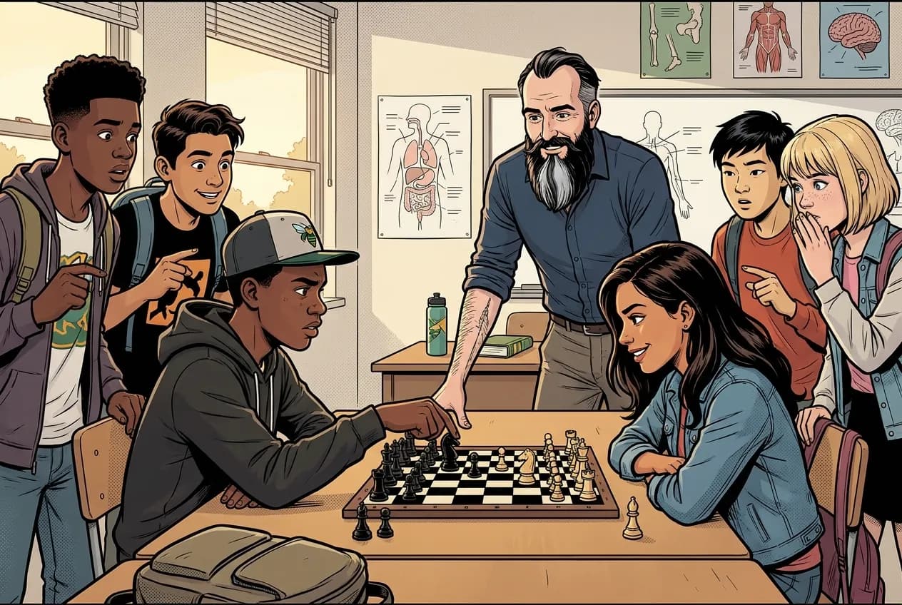 Drawing, panel 16: Chess club.