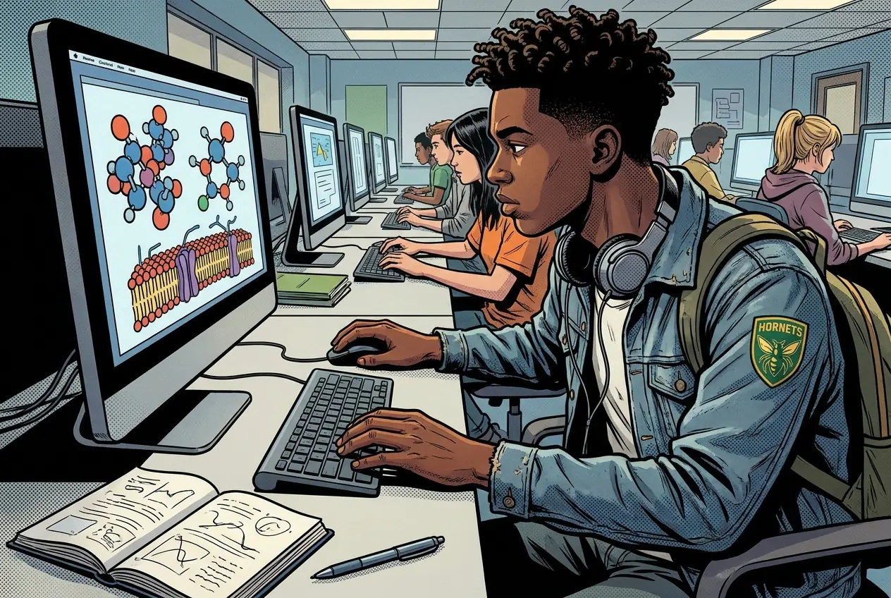 Comic panel 18: Biomolecules and design. myPLTW in the computer lab. The platform work runs alongside everything all semester and nobody reminds you daily.