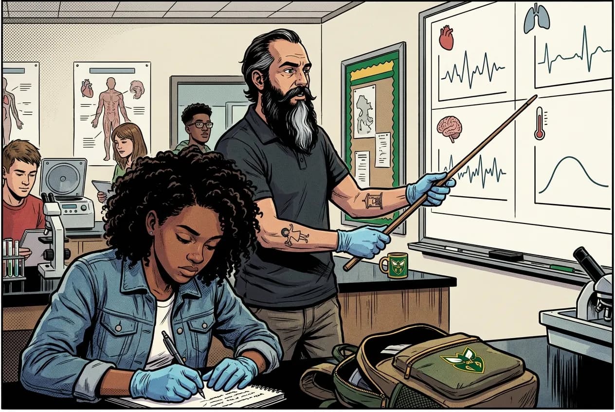 Comic panel 33: Vital signs and HIPAA. Four vital signs, four normal ranges, and one column for how each measurement could go wrong. That last column is what made me think.