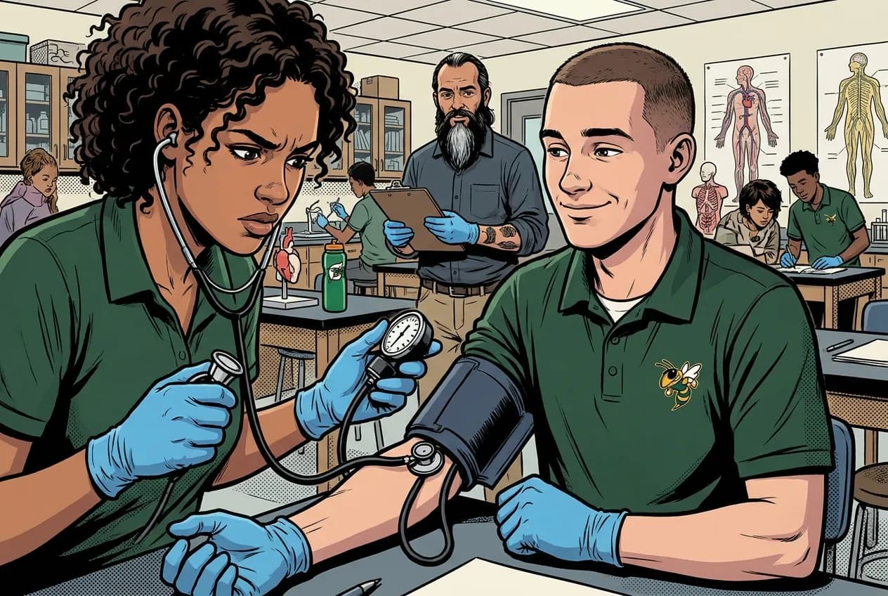 Drawing, panel 34: Vital signs practical.