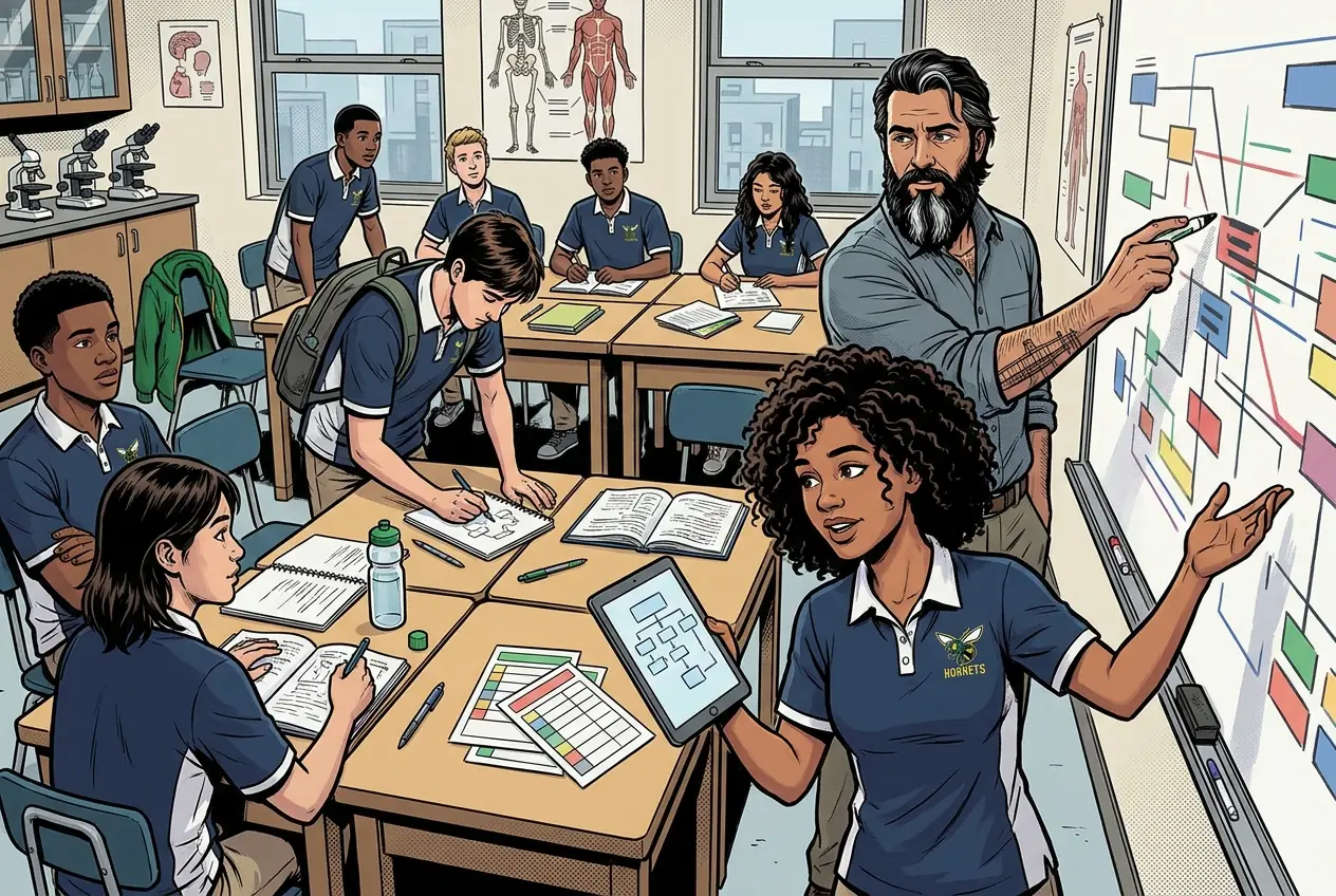 Drawing, panel 36: HOSA meeting.