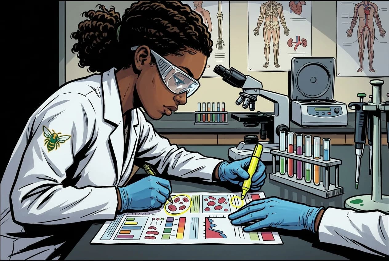 Drawing, panel 38: Bloodwork and ranges.