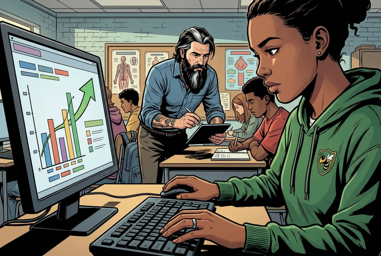 Comic panel 41: Submit clinical data. Marking the normal range as a band behind the line makes the graph readable at a glance. I would not have thought of that.