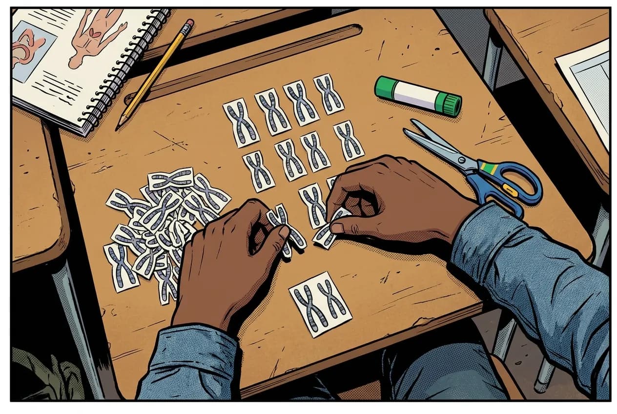 Drawing, panel 49: Karyotype case analysis.