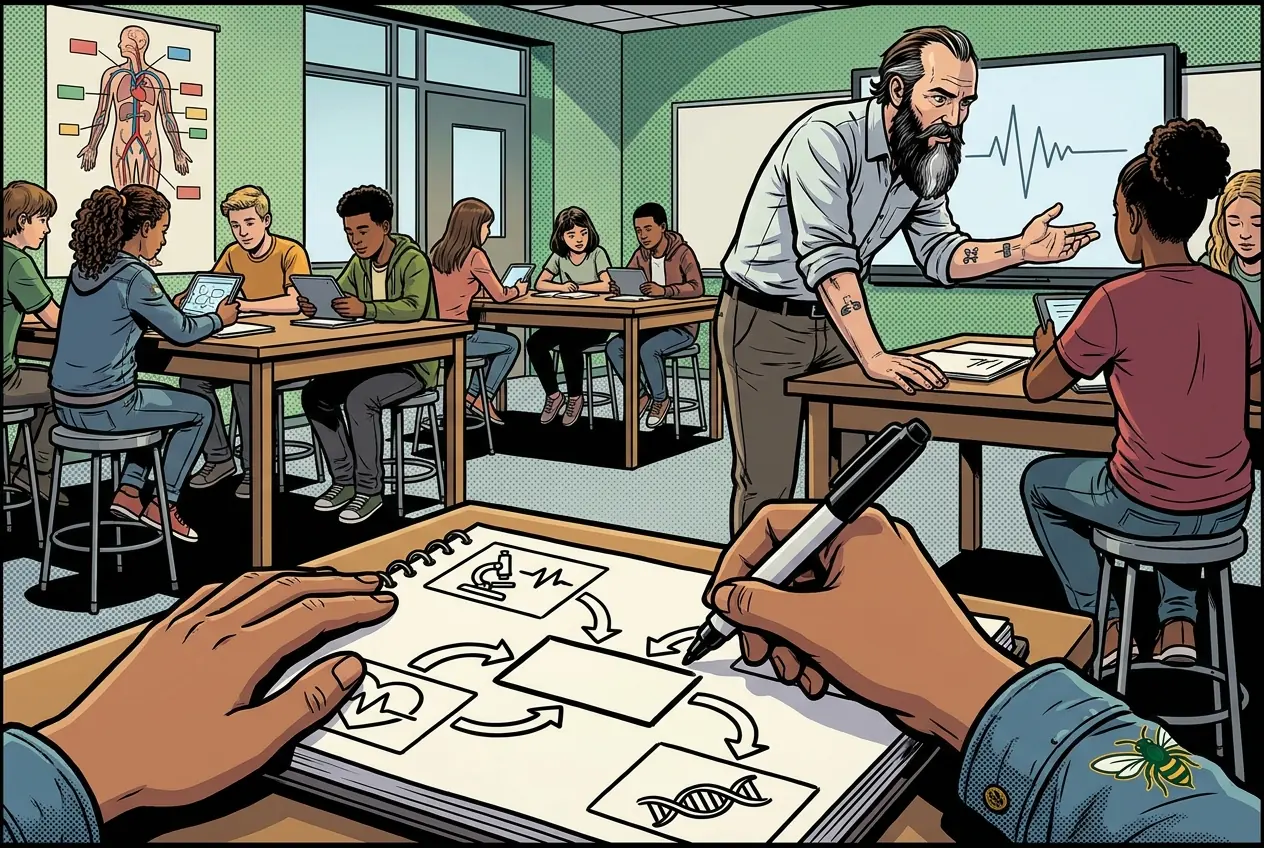 Comic panel 52: Workup components. Out Monday and Tuesday, so three days carried five days of work. Every part of Unit 2 showed up as one process: history, vitals, bloodwork, genetics.