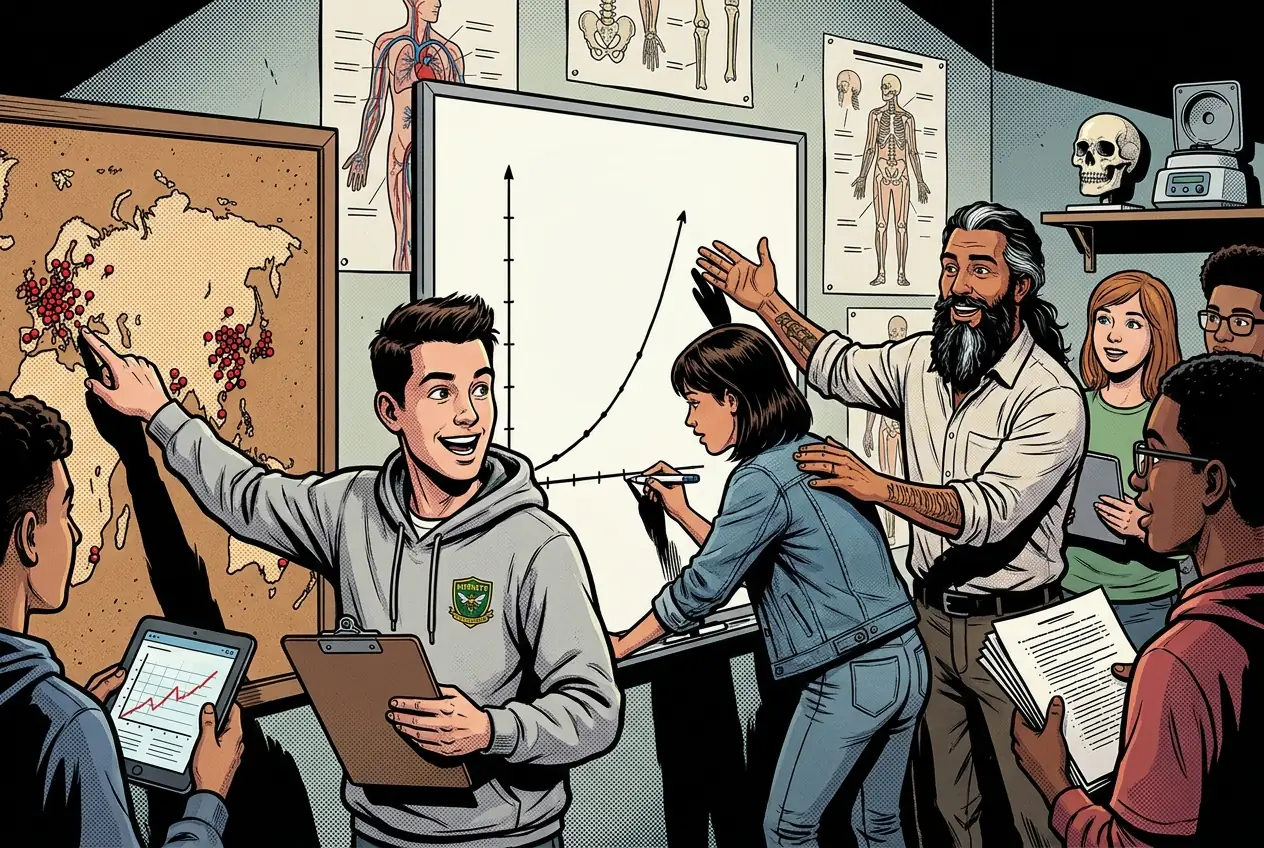Drawing, panel 62: Outbreak data and agent ID lab.
