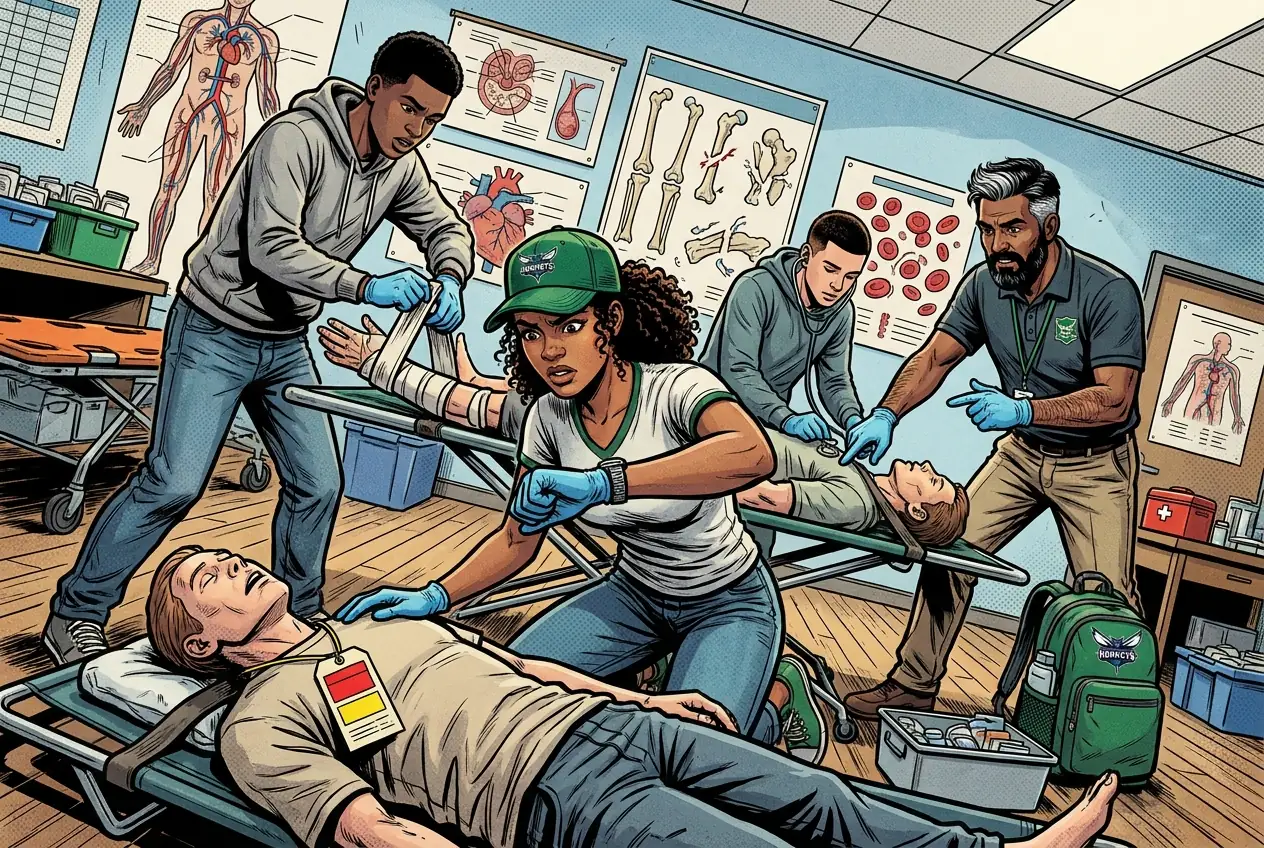 Drawing, panel 68: Emergency-response simulation.