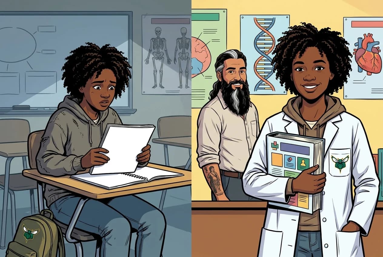 Drawing, panel 81: Then and now.