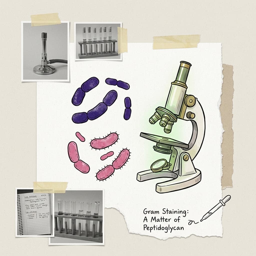 Mixed-media illustration of Gram staining bacteria and a microscope