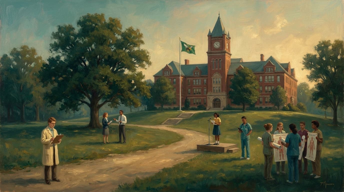Oil painting of John Hay High School on a hill in late afternoon light, with students walking toward the school carrying lab and presentation materials