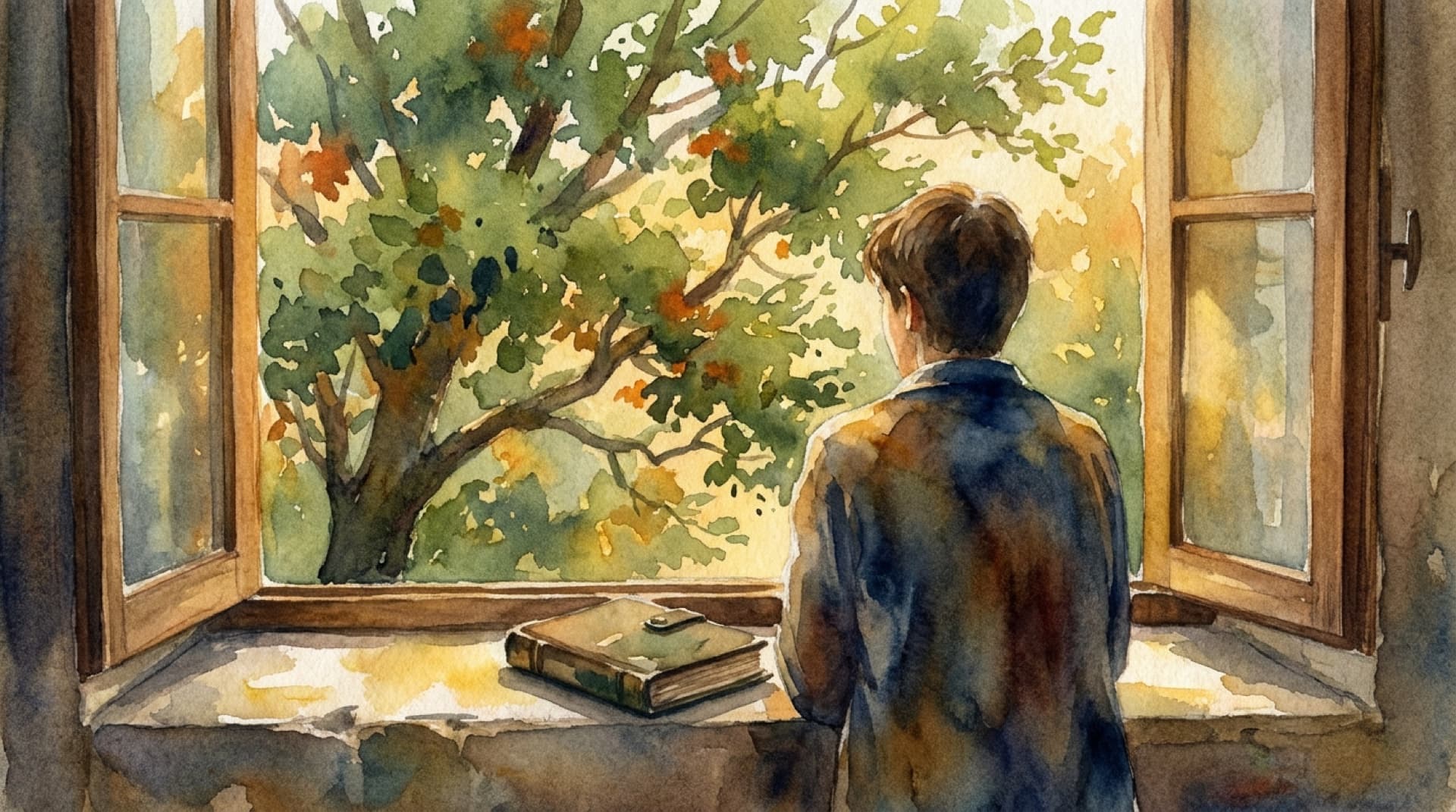 Watercolor of a student at an open window in golden late-summer light, a journal resting on the sill