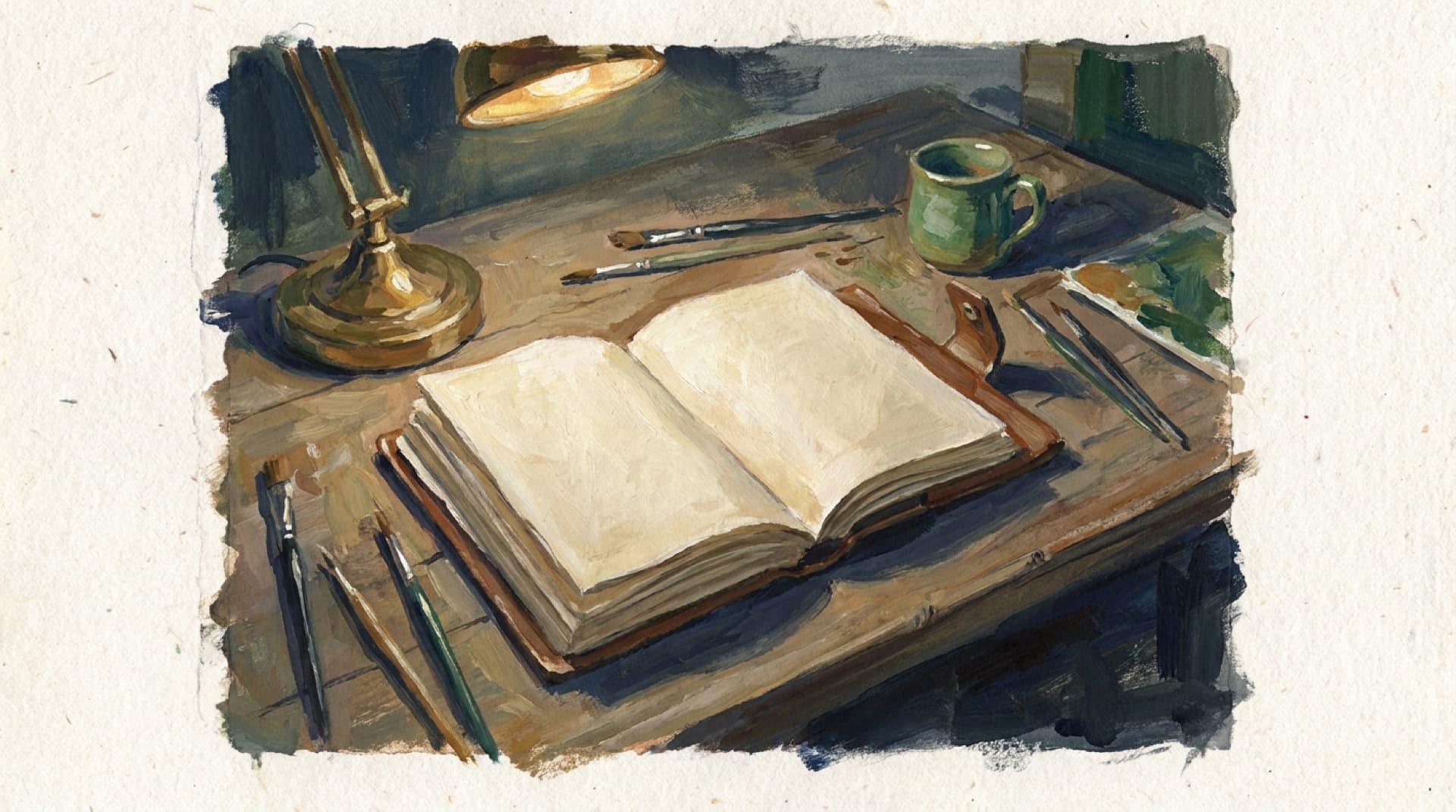 Gouache painting of an open journal under warm gold lamplight, a green mug beside it