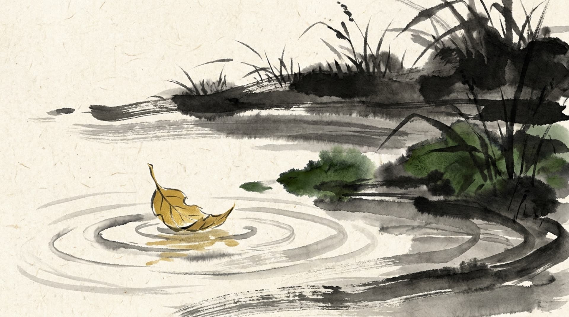 Ink and wash of a single golden leaf touching a still pond, rings spreading outward