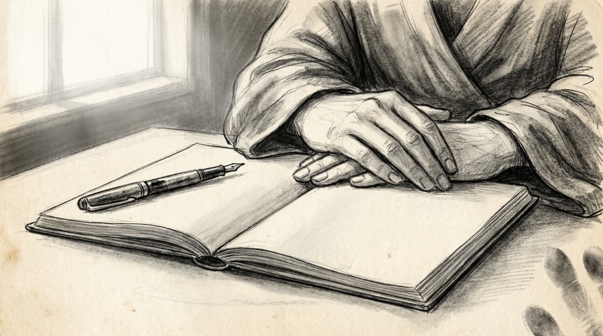 Graphite drawing of hands holding a pen over an open notebook in soft window light